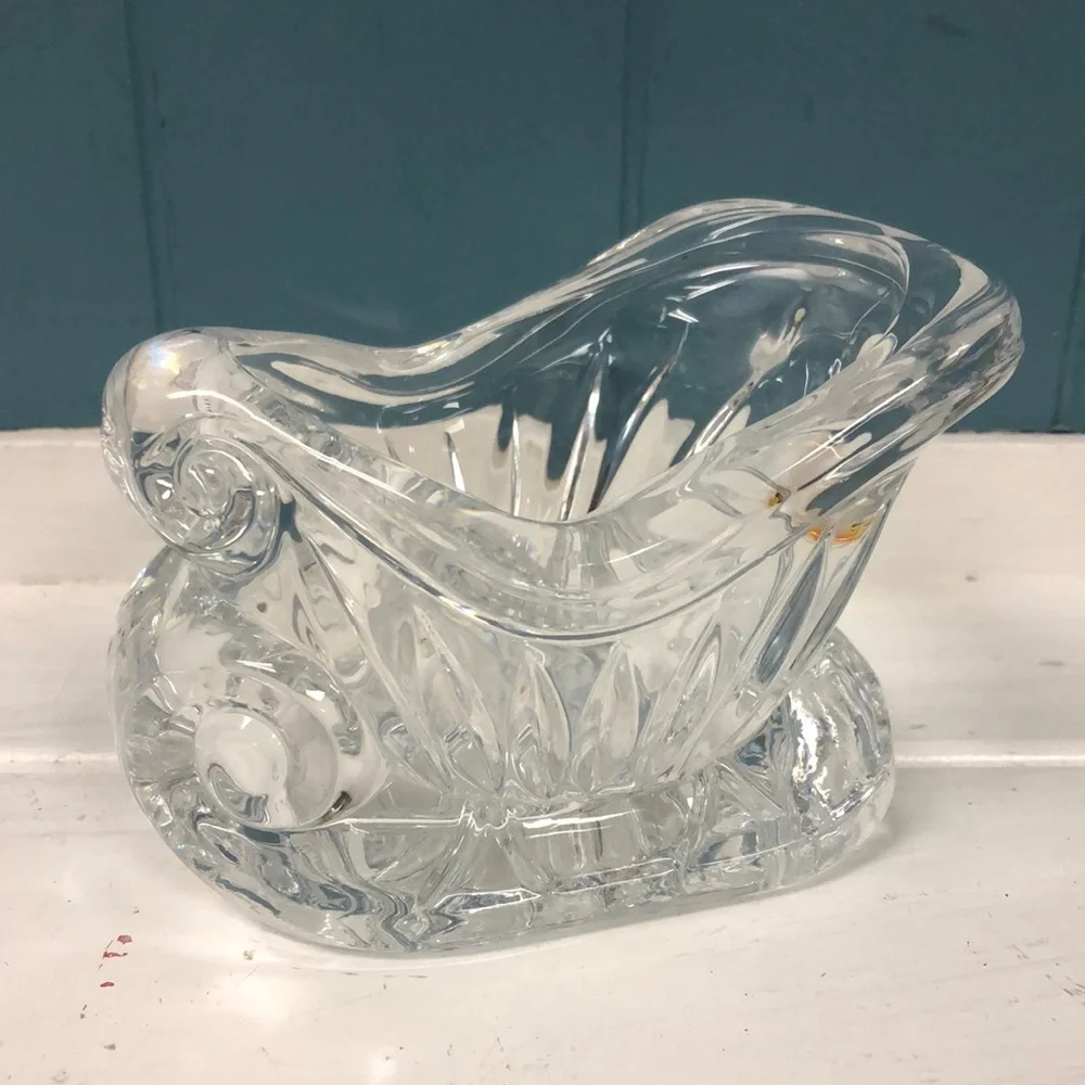 Vtg DePlomb 24% Lead Crystal Santa Sleigh Votive Candleholder USA made Christmas